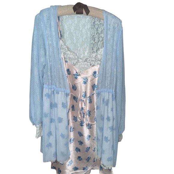 Revolve We are HAH XS Double Set Blue Lace Robe & Floral Slip Reversible NWT 428 - Picture 1 of 12
